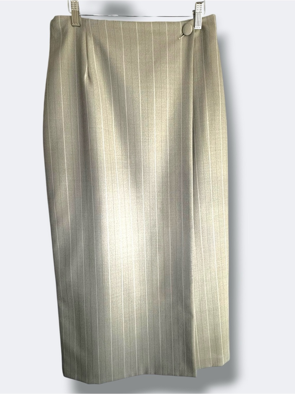 Vintage 1994 Marks & Spencer Sage Grey Wool Pinstripe Midi Skirt - Size 10 / M - Picture 8 of 16
